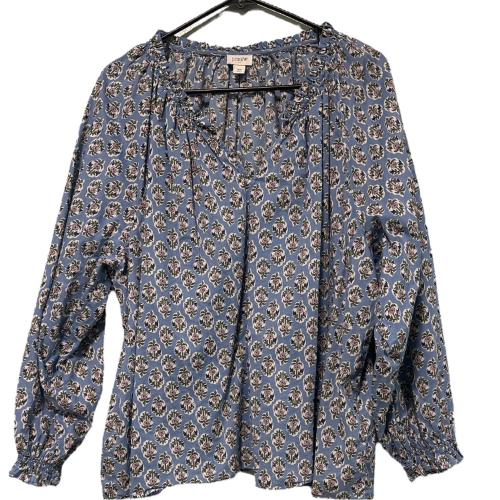 J.Crew 3X Floral Ruffle-Neck Popover Blouse Blue Long Sleeve Plus Size Boho Top